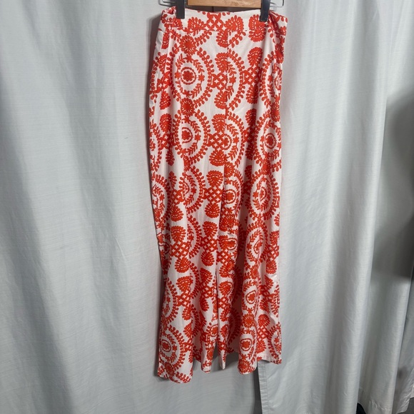Boho Chic Orange & White Floral Print High Waisted Wide Leg Flowy Palazzo M - Picture 2 of 7